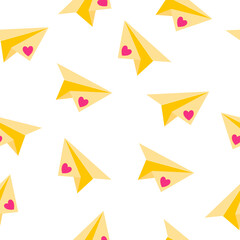 Seamless pattern of paper origami airplane and heart for the wedding or Valentine's Day.