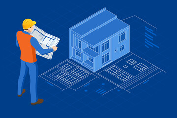 Isometric Builders On Building Site Looking At Plan. Virtual Reality Construction Project Management, Architectural Project Planning, Development and Approval Web Banner.
