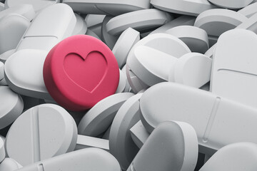 Obraz premium One red pill with heart sign among many white pills