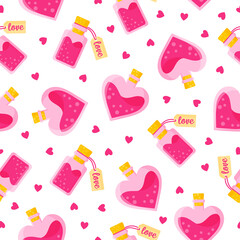 Obraz premium Seamless pattern of love potion in buns of different shapes with tag and heart for the wedding or Valentine's Day.