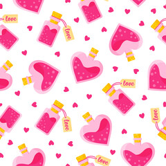 Seamless pattern of love potion in buns of different shapes with tag and heart for the wedding or Valentine's Day.