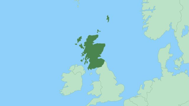 Map of Scotland with pin of country capital. Scotland Map with neighboring countries in green color.
