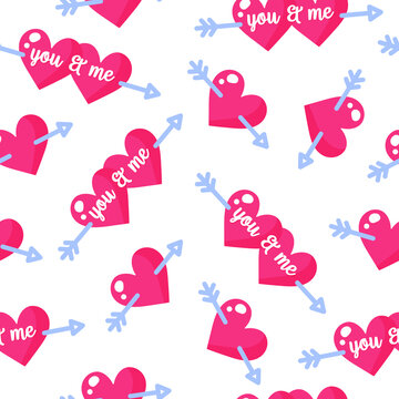 Fototapeta Seamless pattern of hearts with inscriptions and cupid arrows for the wedding or Valentine's Day.