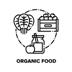 Organic Food Vector Icon Concept. Fresh Salad Or Spinach Leaves, Harvested Apples Container And Juice Bottle, Organic Food And Drink. Vitamin Nutrition And Beverage Black Illustration