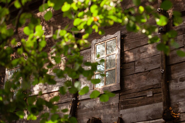 large horizontal photo. summer time. window with a wooden frame in an old wooden house. house in the woods. historical building.