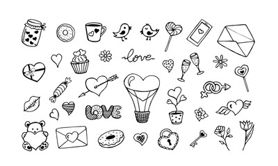 Valentine's day set of hand drawing elements in doodle style. Design for a greeting card. Stock vector illustration. 