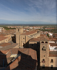 Naklejka premium Photo of the rooftops of the medieval part of Caceres shot from one of the towers of the main church at Saint Jorge square.