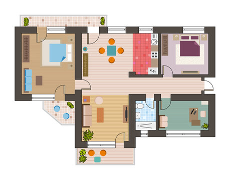 Architectural flat plan top view with living rooms bathroom kitchen and lounge furniture illustration