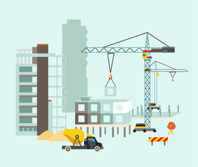 Building work process with houses and construction machines. illustration