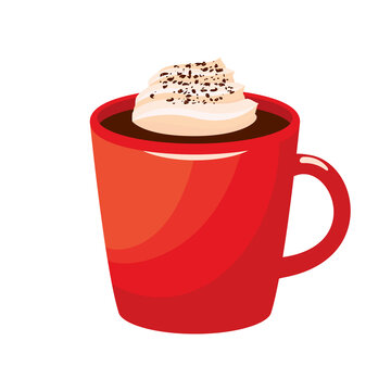 Red cup of cocoa with whipped cream vector. Red mug with hot chocolate icon vector. Cup of coffee with whipped cream icon isolated on a white background