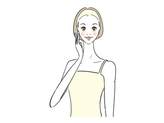 頬に手を当てる健康的な女性