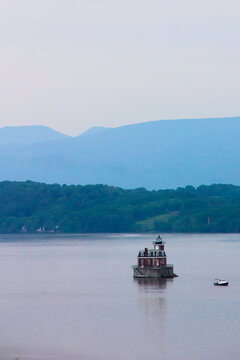 House On The Hudson River With Boat And Mountains Landscape