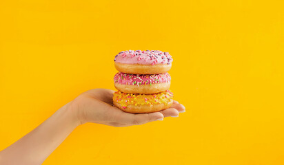 round pink and yellow very appetizing glazed doughnuts with sprinkles on palm of light-skinned person on bright yellow background. Order and deliver food online, food blog content, selective focus