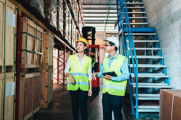 Working Team at warehouse. asian woman warehouse workers and Manager use Tablet Information to further placement in storage department. background driver at Warehouse forklift loader works with goods