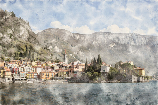 Varenna on Lake Como in northern Italy. Watercolor Illustration.