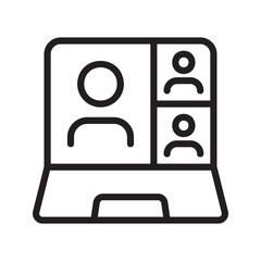 Video conference icon. Online virtual meeting, people on computer screen, work from home, video call icon. Line style design.  