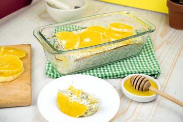 Healthy dessert. Cheesecake with poppy seeds and oranges