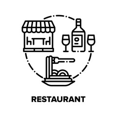 Restaurant Food Vector Icon Concept. Restaurant Fresh Cooked Meal Spaghetti And Wine Bottle With Glasses, Cafe Building For Eating Delicious Dish And Drink Alcoholic Beverage Black Illustration