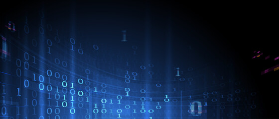 Bytes of binary code run through network. Abstract futuristic technology syberspace
