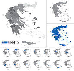 Detailed vector map of Greece regions with country flag
