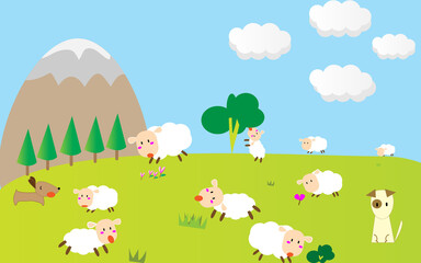 Obraz na płótnie Canvas sheep in the meadow Cartoon sheep with Dachshund and dog in countryside farm .The media for kid education