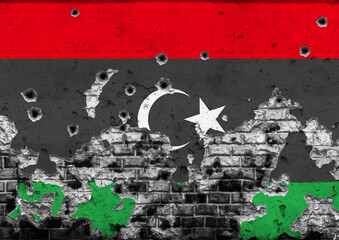 Concept of the Armed Conflict in Libya with a painted flag on a cracked wall with wholes of bullets. 3D-Illustration. 3D-rendering
