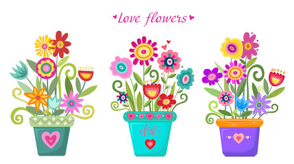 Illustration cartoon draw flowers in pot with love. Gift for Valentine's Day.
