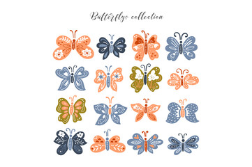 Set of hand drawn colorful butterflies isolated on white background.