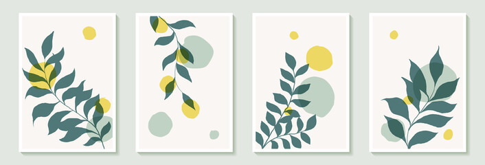 Fototapeta na wymiar Set of creative minimalist hand draw illustrations green leaves and pastel simple shape for wall decoration, postcard or brochure cover design, poster