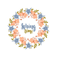 Spring lettering with wreath. Spring flower and butterflyes