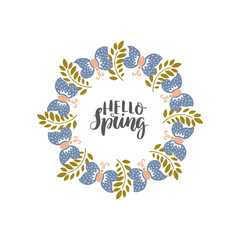 Spring lettering with wreath. Spring flower and butterflyes