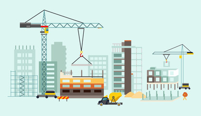 Building work process with houses and construction machines. illustration