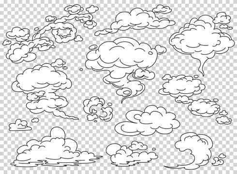 Comic book steam clouds set. Cartoon white smoke Illustration. Fog flat isolated clipart for design, effects and advertising posters