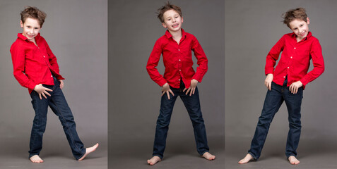 A collage of three photos of a pretty little boy in a red shirt and jeans on a gray background.