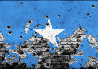 Concept of the Armed Conflict in Somalia with a painted flag on a cracked wall with wholes of bullets. 3D-Illustration. 3D-rendering