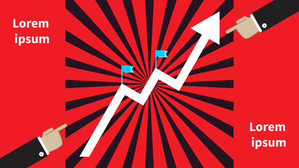 Fototapeta premium Two businessmen hands point on graph. Growth arrow with checkboxes. For finance and economics, workflow layout, banner, web design, infographic template. Vector illustration on red backdrop. Copyspace