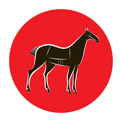 Fototapeta na wymiar Black and white graceful horse silhouette. Stylish horse outline on red circle background. Idea for stables, farms, horse races, tattoo, stickers, logo, badge. Equestrian symbol. Hand drawing vector