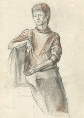 Fototapeta premium seated woman in graphic etude technique 