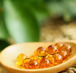 Healthy Vitamins Omega 3 fish liver oil capsules in wooden spoon. Golden translucent pills on background of green leaves. Healthy every day fatty acids nutritional supplement. Copy space, close up