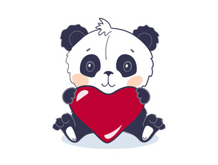A cute panda bear sits and holds a big red heart. A cute animal or toy for Valentine s Day. Vector illustration for a baby shower on a white background, flat cartoon design.