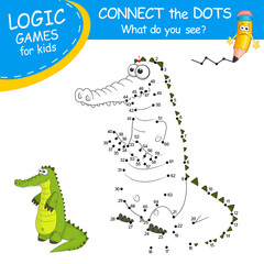 Connect the dots by numbers to draw the Alligator. Dot to dot Education Game and Coloring Page with cartoon cute Horse character. Logic Games with answer. Education card learning counting number.