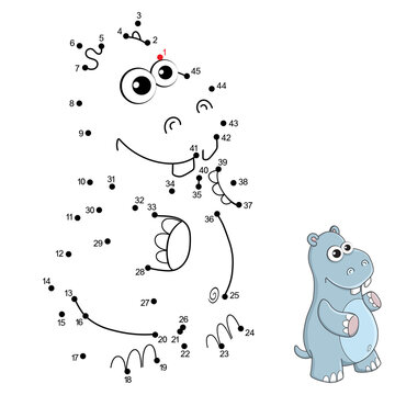 Dot to dot game with numbers and answer for kids. Connect the dots by numbers and finish the picture. Education Game and Coloring Page with cartoon cute Hippo character. Practice counting to 45.