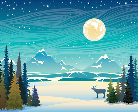 Winter landscape - mountains, forest, deer and night starry sky.