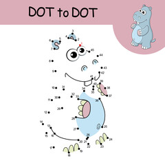 Dot to dot Game with answer. Hippopotamus. Connect the dots by numbers to draw cute cartoon Hippo. Logic Game and Coloring Page for preschool. Education card for kids learning counting numbers 1-45.