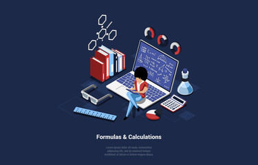 Formulas And Calculations Concept Vector Illustration In Cartoon 3D Style. Dark Background And Writing. Woman Sitting On Laptop With Text On Screen. Books, Glasses, Ruler, Test Tubes And Calculator