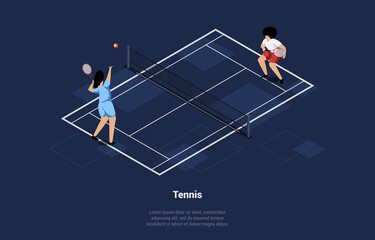 Vector Illustration In Cartoon 3D Style Of Two Big Tennis Players On Court. Composition On Dark Background With Writing. Characters In Uniform With Rackets And Ball Training. Sport Game Activities