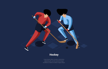 Obraz premium Vector Illustration In Cartoon 3D Style. Isometric Composition On Dark Background With Writing. Two Male Characters In Red And Blue Uniform Playing Hockey. People Training For Active Winter Sport Game