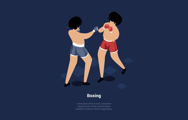 Vector Illustration In Cartoon 3D Style. Isometric Composition Of Professional Active Sport Concept With Text On Dark Background. Characters In Blue And Red Game Uniform And Protective Gloves Boxing