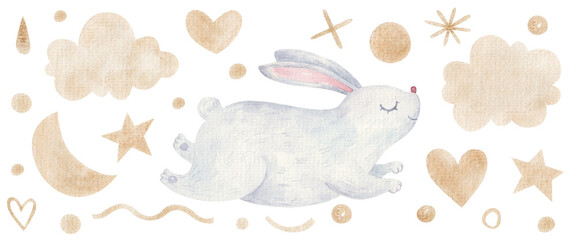 cute easter bunny, hearts, stars, clouds of gold paint, childrens watercolor illustration on white background