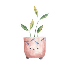 home flower, two sprouts in a flowerpot with a cute face, children's watercolor illustration on a white background